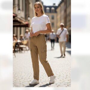 NWOT ZARA Crinkled Camel High-Waist Cargo Pants - M Bloggers Fave Satin Effect